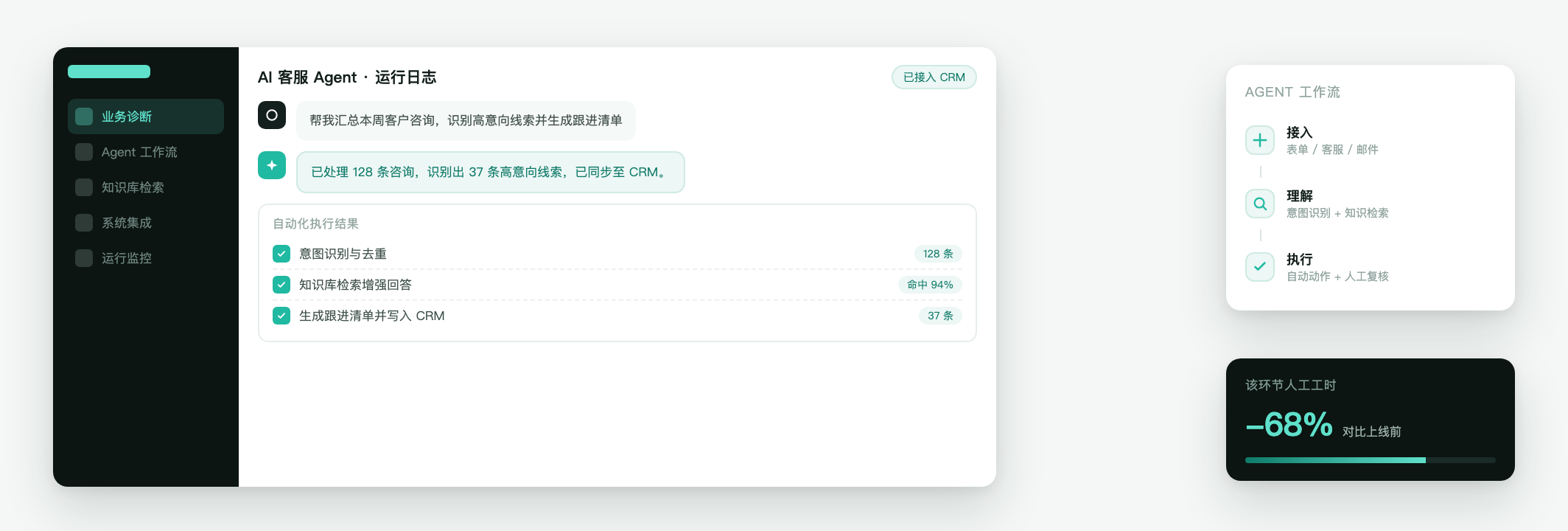 AI Agent 工作台界面：运行日志与自动化结果